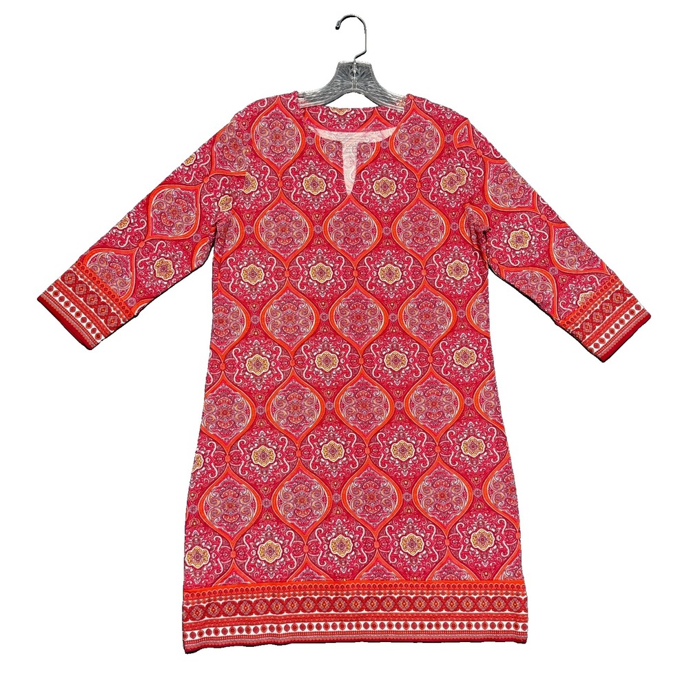 Coolibar UPF 50+ Tunic Dress S Orange Red Paisley Medallion Boho Beach Cover Up